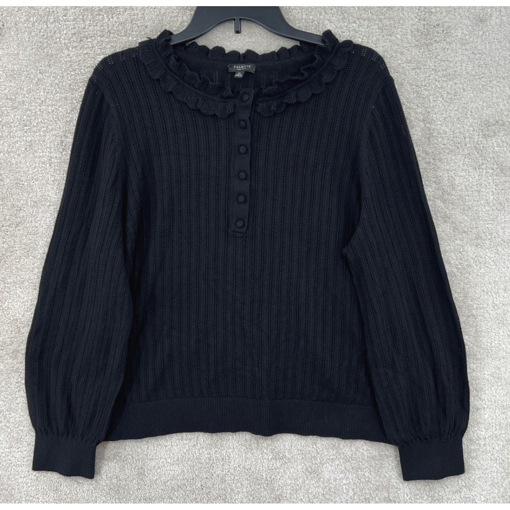 Talbots Ribbed Ruffle Neck Pointelle Knit Sweater 1XP Black Coquette Victorian